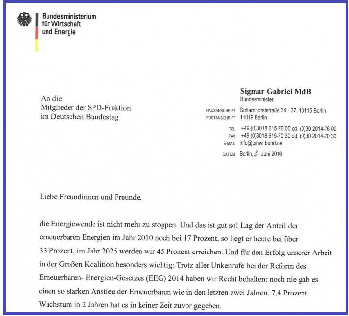 Auszug aus Sigmar Gabriels (Minister für Energie) Brief an die SPD-Fraktion wegen des EEGs.